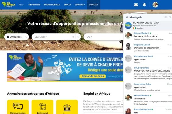 capture d'écran de la messagerie instantanée sur Go Africa Online