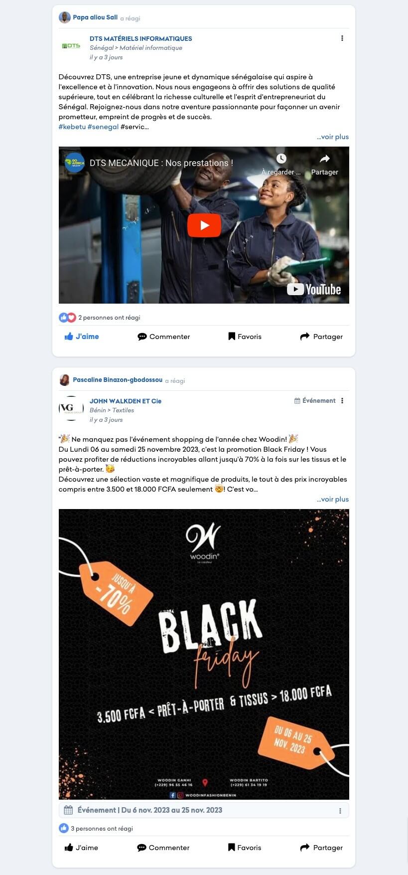 Exemple de newsfeed sur Go Africa Online, montrant le partage de vidéo, de lien promotionnel ou d'évènement