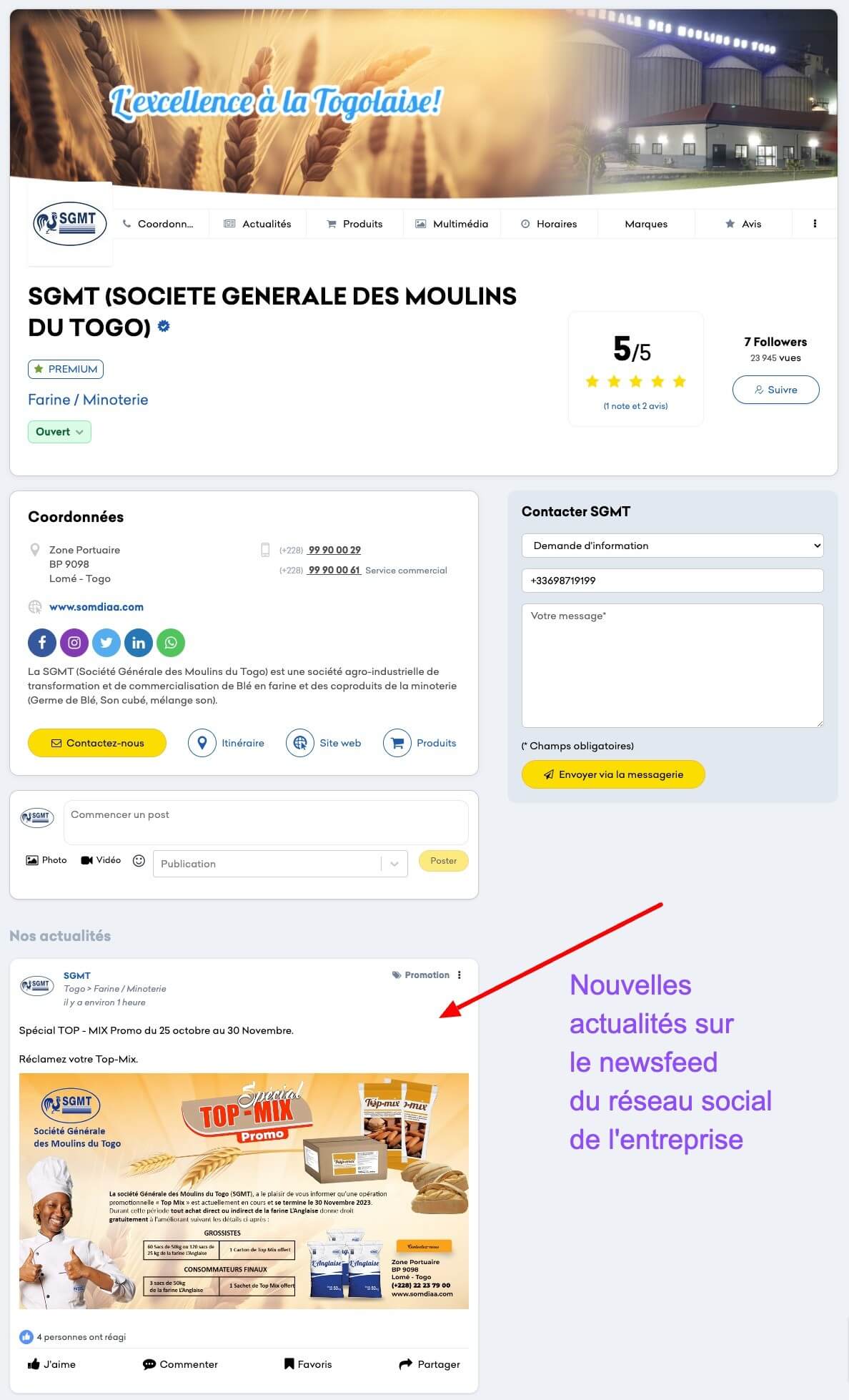 Capture d'écran d'une fiche professionnel sur Go Africa Online montrant les actualités de l'entreprise